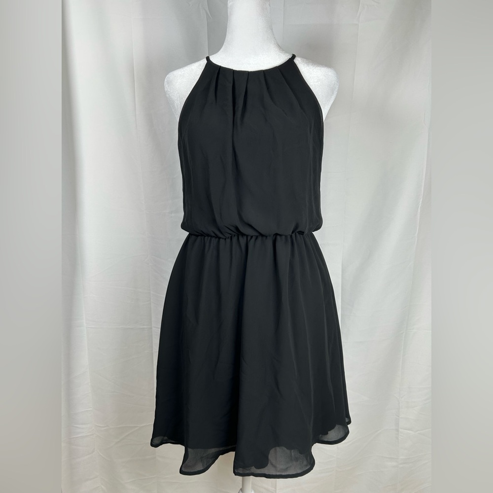 Lush Chiffon Skater Dress Small Black Cut Out Back Blouson Mini